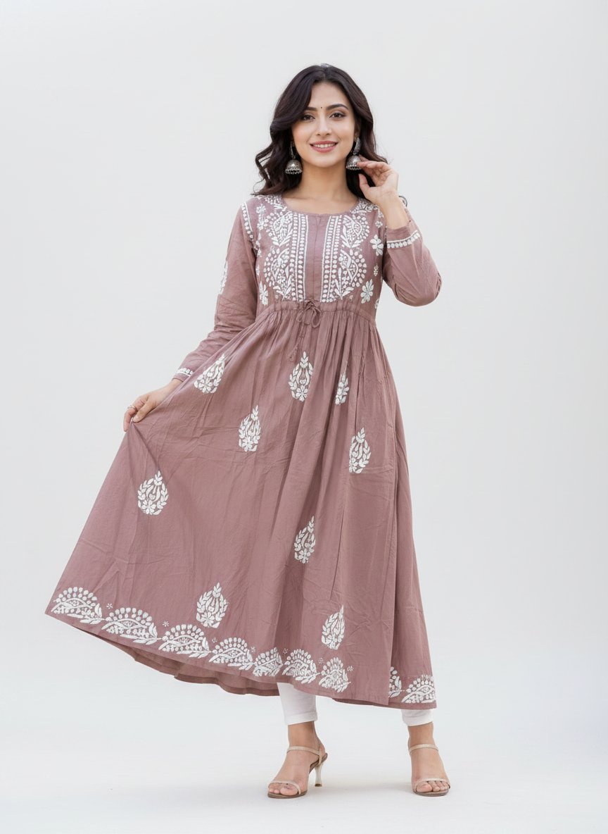 Premium Rayon Lucknowi Chikankari Embroidered Anarkali Gown